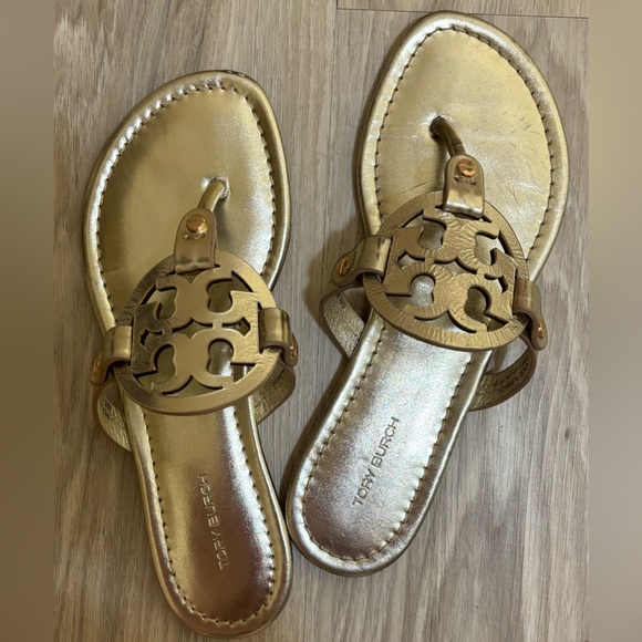 Tory Burch Metallic Gold Miller Sandals Size 6.5 MSRP $200 SEE PHOTO/DESCRIPTION - Picture 1 of 16